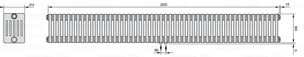 Схема (чертеж) Радиатор Zehnder Charleston 6030/50 №5410 Белый глянцевый RAL 9016